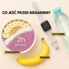 Owsianka, banan i izotonik – kluczowe elementy diety biegacza przed treningiem. Zegarek sugeruje czas.
