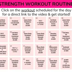 Plan treningowy siłowy na 4 tygodnie, z podziałem na dni i rodzaje ćwiczeń, np. "Full Body Strength".