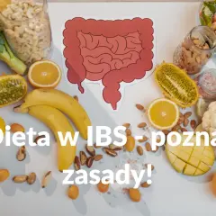Zdrowa dieta w IBS: poznaj zasady! Obraz przedstawia jelito drażliwe otoczone owocami, warzywami i orzechami.