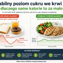 Szybki głód i spadek energii po posiłku z pączkiem i sokiem, który szybko podnosi cukier, w porównaniu do stabilnego poziomu glukozy po zdrowym posiłku.