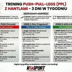 Plan treningowy z hantlami: Dzień 1 (Push), Dzień 2 (Pull), Dzień 3 (Legs & Abs). Ćwiczenia, serie, powtórzenia i przerwy.