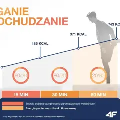Wykres pokazuje, jak biegać aby schudnąć. Po 60 minutach biegu spalisz 743 kcal, głównie z tkanki tłuszczowej.