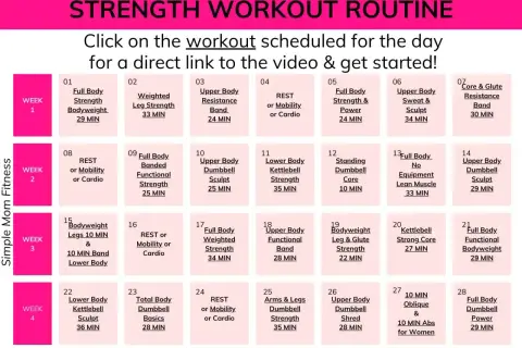Plan treningowy siłowy na 4 tygodnie, z podziałem na dni i rodzaje ćwiczeń, np. "Full Body Strength".