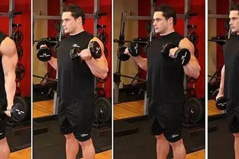 Mężczyzna ćwiczy, podnosząc hantle. Widać jego duży biceps, który napina się podczas ćwiczeń.