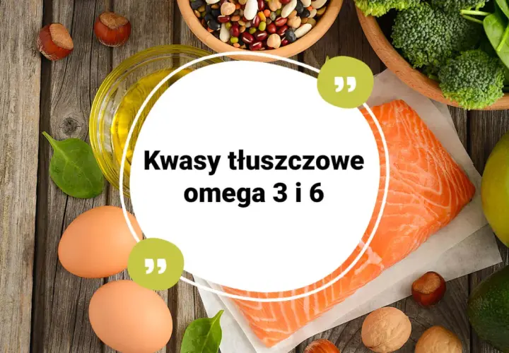Zdrowa żywność bogata w kwasy tłuszczowe omega-3 i omega-6: łosoś, jajka, orzechy, awokado, jabłko, brokuły, szpinak, fasola i olej.