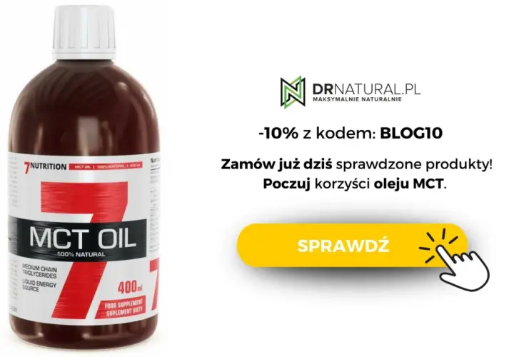 Butelka oleju MCT 100% naturalnego. Sprawdź korzyści oleju MCT, unikając potencjalnych skutków ubocznych. Zniżka -10% z kodem BLOG10.