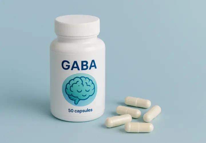 Biała butelka z napisem GABA i grafiką mózgu, obok kilka kapsułek. Zastanawiasz się gaba co to?
