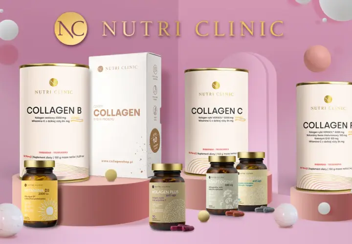 Suplementy diety Nutri Clinic: kolagen B, C, F, witamina D3, adaptogeny i antyoksydanty. Dbanie o zdrowie z minerałami i witaminami.