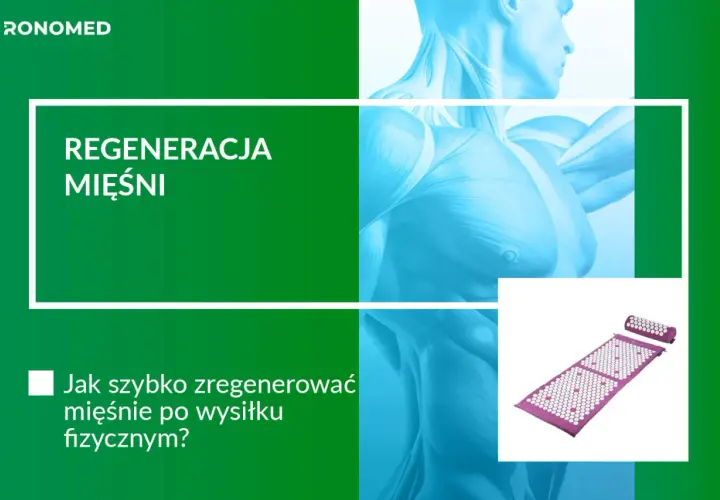 Grafika z hasłem "Regeneracja mięśni" i pytaniem "Jak szybko zregenerować mięśnie po wysiłku fizycznym?". Widoczny też masażer akupresurowy.