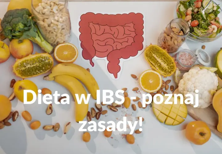Zdrowa dieta w IBS: poznaj zasady! Obraz przedstawia jelito drażliwe otoczone owocami, warzywami i orzechami.