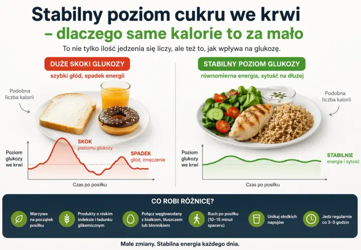 Szybki głód i spadek energii po posiłku z pączkiem i sokiem, który szybko podnosi cukier, w porównaniu do stabilnego poziomu glukozy po zdrowym posiłku.