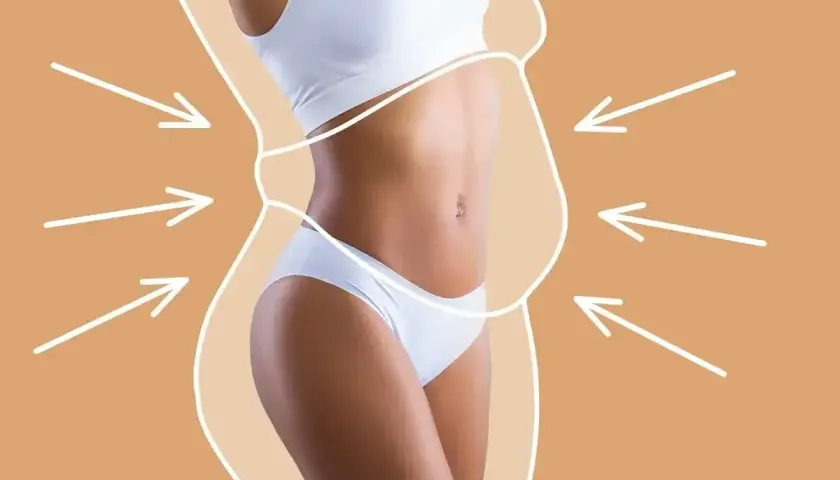 Sylwetka kobiety w bieliźnie, z zaznaczonymi strzałkami obszarami do redukcji. Wizualizacja celu: jak schudnąć 10 kg.