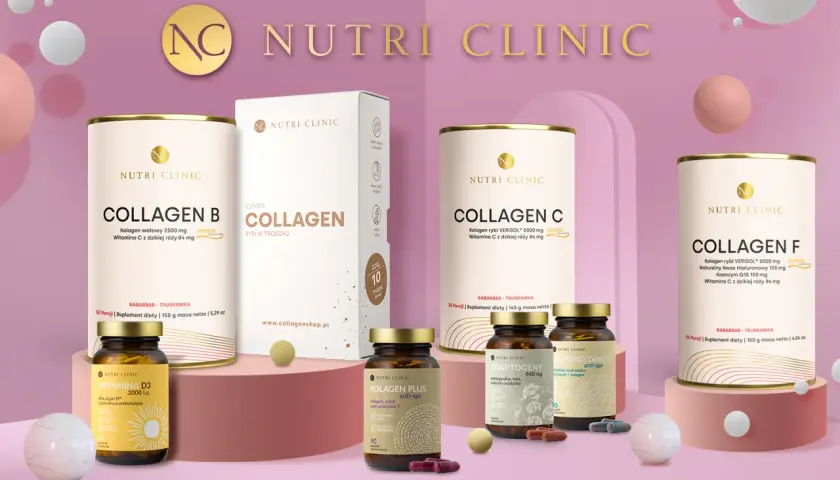 Suplementy diety Nutri Clinic: kolagen B, C, F, witamina D3, adaptogeny i antyoksydanty. Dbanie o zdrowie z minerałami i witaminami.