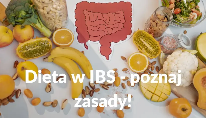 Zdrowa dieta w IBS: poznaj zasady! Obraz przedstawia jelito drażliwe otoczone owocami, warzywami i orzechami.