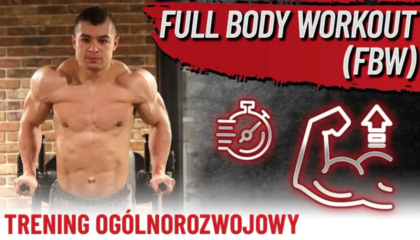 Mężczyzna ćwiczy na poręczach, przygotowując się do treningu FBW. Ikony stopera i bicepsu sugerują efektywność i siłę.