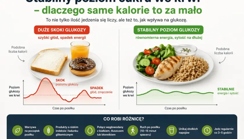 Szybki głód i spadek energii po posiłku z pączkiem i sokiem, który szybko podnosi cukier, w porównaniu do stabilnego poziomu glukozy po zdrowym posiłku.