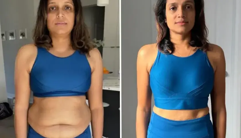 Kobieta przed i po metamorfozie. Zmagała się z problemem skinny fat, ale dzięki zmianom w stylu życia osiągnęła widoczne rezultaty.