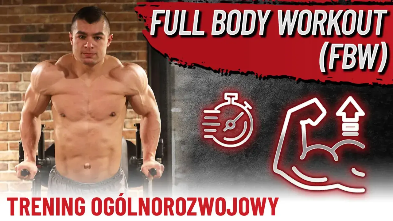 Mężczyzna ćwiczy na poręczach, przygotowując się do treningu FBW. Ikony stopera i bicepsu sugerują efektywność i siłę.