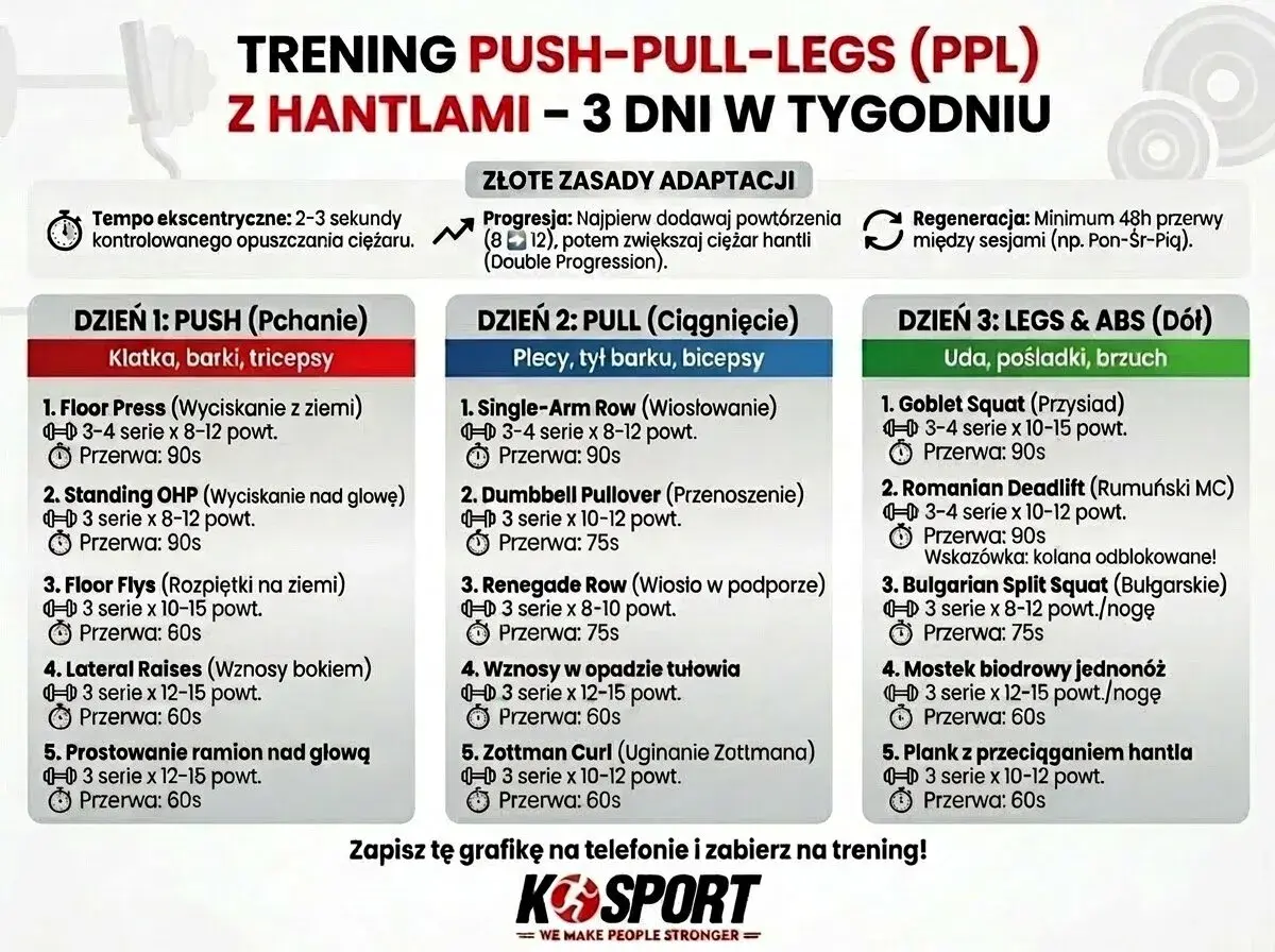 Plan treningowy z hantlami: Dzień 1 (Push), Dzień 2 (Pull), Dzień 3 (Legs & Abs). Ćwiczenia, serie, powtórzenia i przerwy.