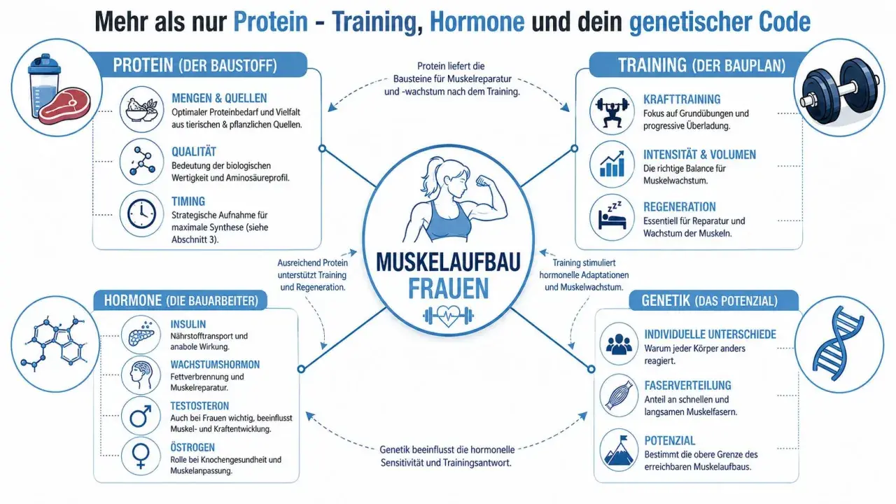 Protein, trening, hormony i genetyka to klucz do budowania mięśni u kobiet.