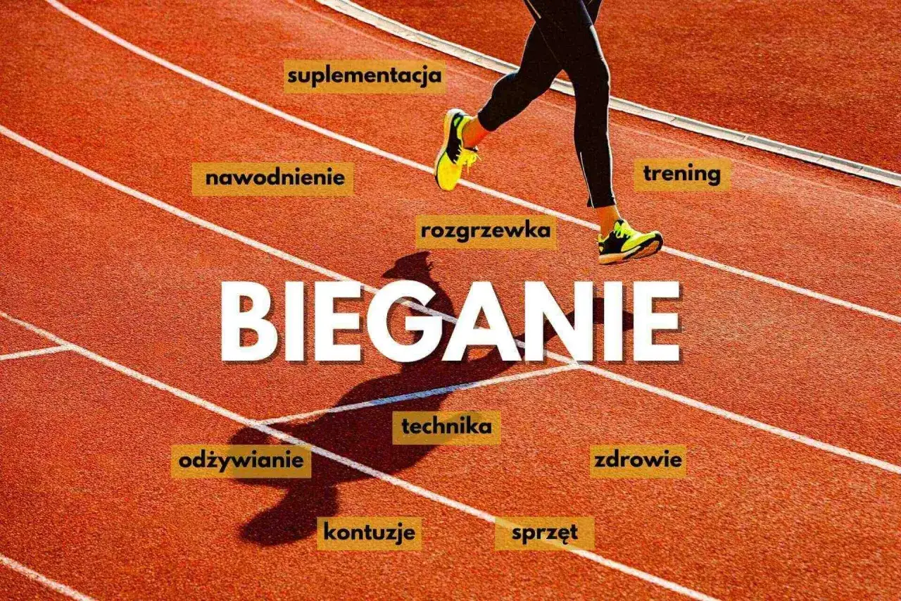 Bieganie to klucz do sprawności fizycznej. Na bieżni widzimy biegacza, a wokół niego hasła: suplementacja, nawodnienie, rozgrzewka, trening, odżywianie, technika, zdrowie, kontuzje, sprzęt.