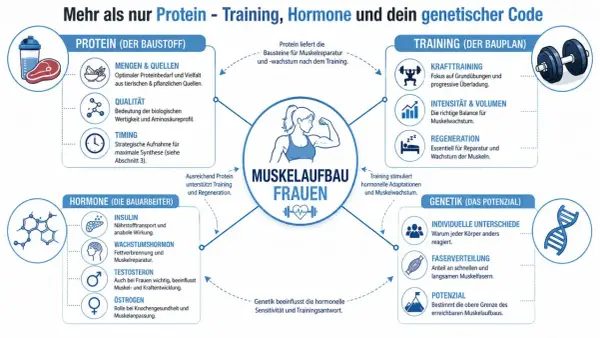 Protein, trening, hormony i genetyka to klucz do budowania mięśni u kobiet.